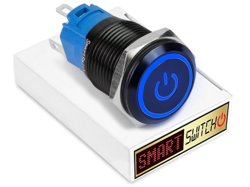 22mm Black Aluminium ANGEL EYE POWER Latching LED Switch 12V/3A (19mm Hole) - BLUE