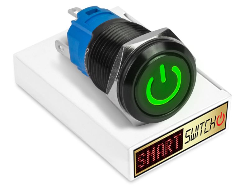 19mm Black Aluminium DEVIL EYE POWER Latching LED Switch 12V/3A (16mm Hole) - GREEN