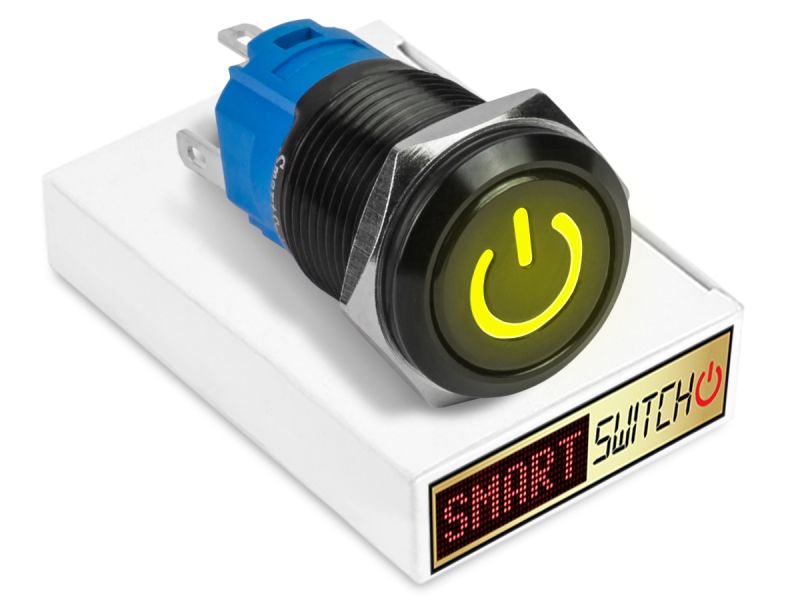 22mm Black Aluminium DEVIL EYE POWER Momentary LED Switch 12V/3A (19mm Hole) - YELLOW